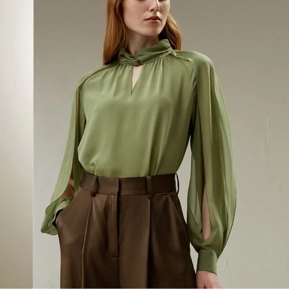 LilySilk Side Slit Lantern Sleeve Silk Blouse in Pistachio - Picture 5 of 9